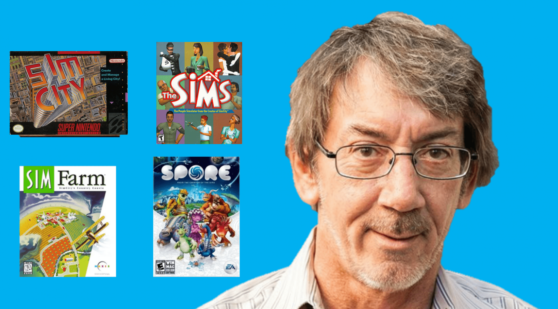 Will Wright's head with several of his largest games represented in superimposed boxes. The games are SimCity on SNES, The Sims on PC, SimFarm on PC, and Spore on PC