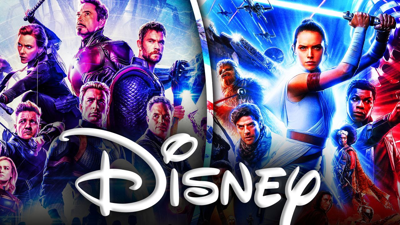The Disney logo dominates the center of an image with Marvel characters on the left and Star Wars characters on the right